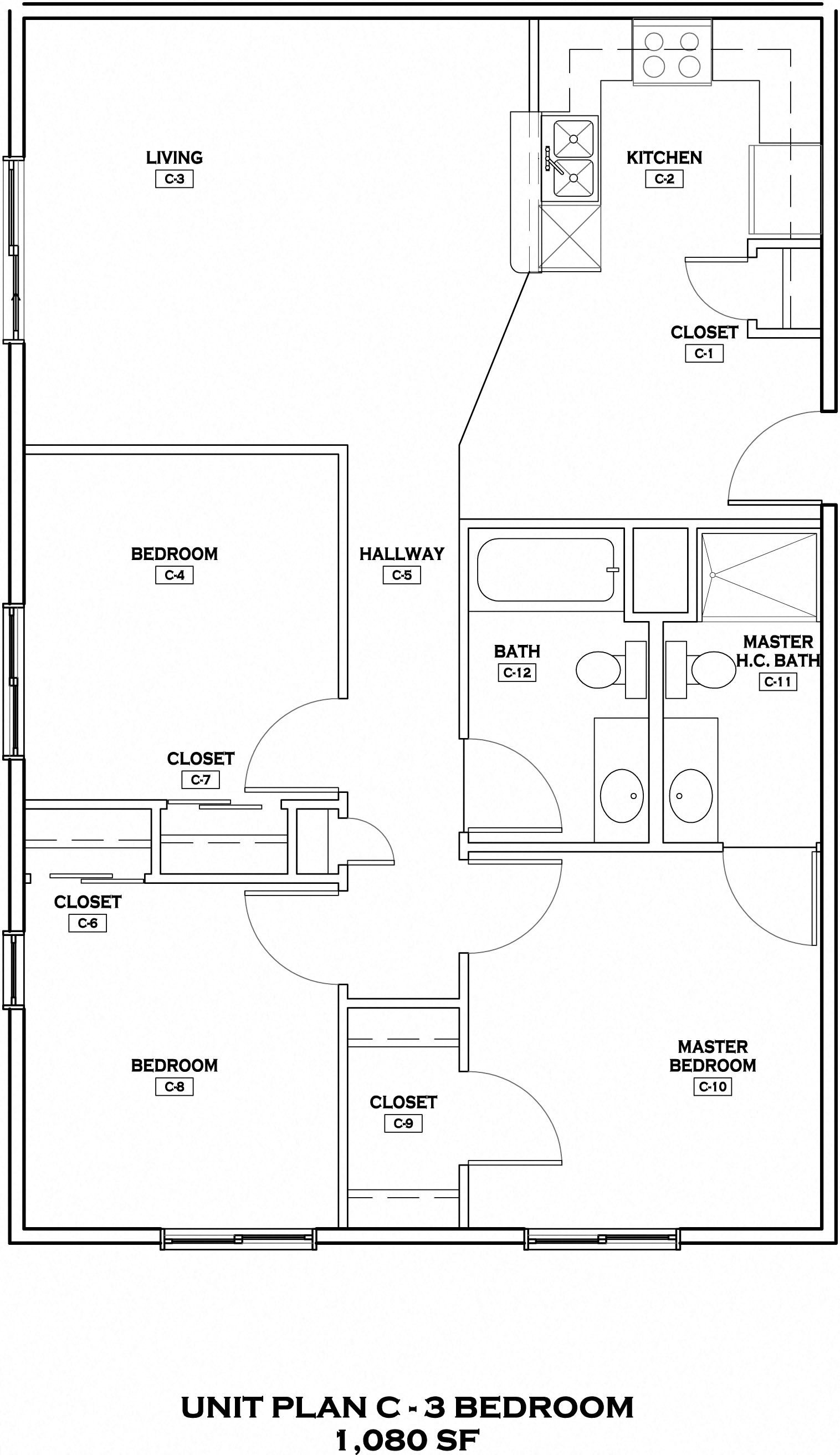 Floor plan for 3 beds, 2 baths, 1080 sqft